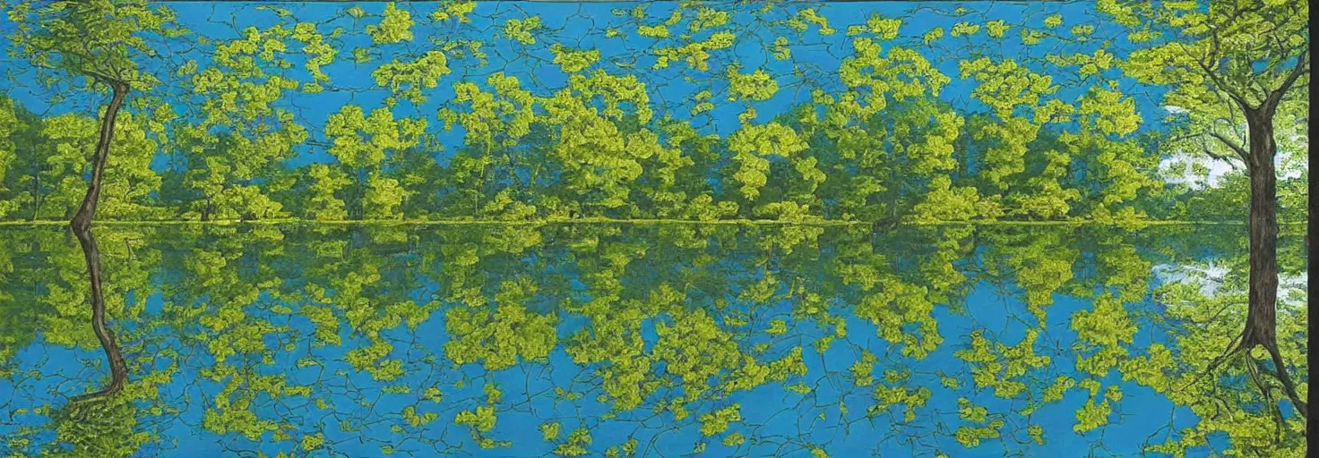 Image similar to escher painting of a lake, big trees reflecting on lake surface, ultra sharp, ultra detailed, colorized by salvador