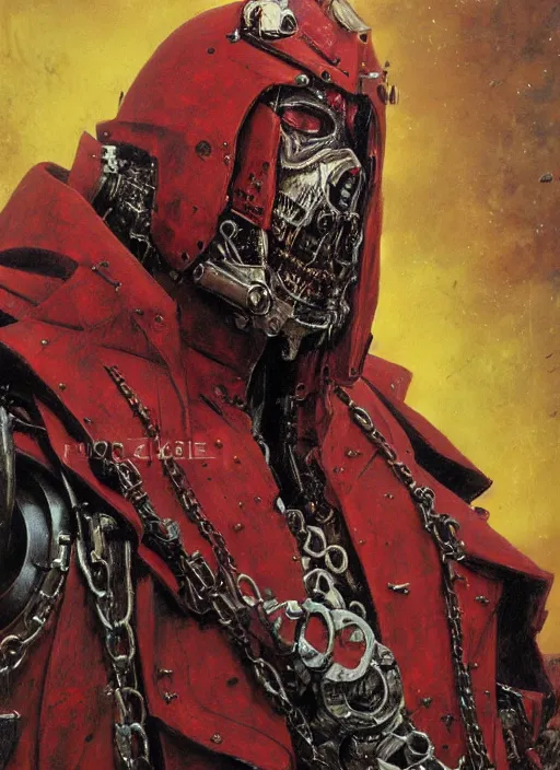 Image similar to portrait of rotten Nicolas Cage as adeptus mechanicus in red hood and robe from Warhammer 40000. Highly detailed, artstation, illustration by and John Blanche and zdislav beksinski and wayne barlowe and Gustav Klimt