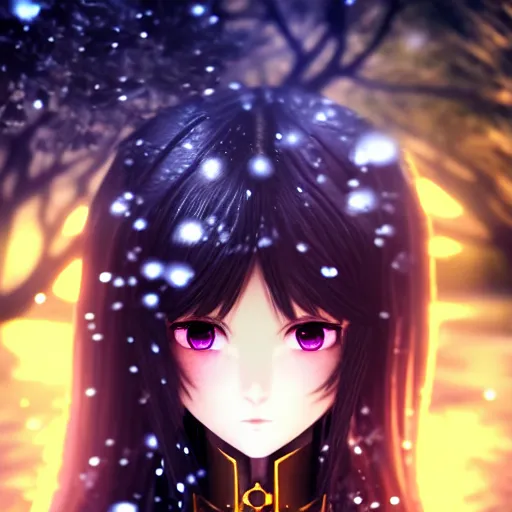 Image similar to focus face portrait of beautiful darkness knight 3D anime girl, golden armor wearing, dark forest background, snowing, bokeh, inspired by Masami Kurumada, digital painting, high contrast, unreal engine render, volumetric lighting, high détail