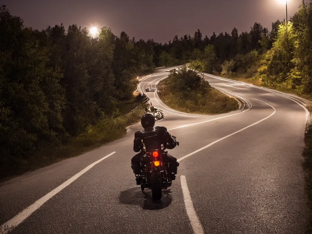 Prompt: motorcycle night ride moonlit road