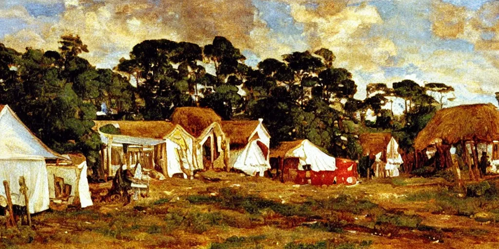 Prompt: Detailed painting of gingerbread Campground cottages in Oak Bluffs, by Eugène Delacroix