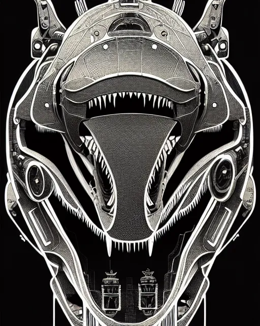 Prompt: a symmetrical illustration intricate mechanical robot trex dinosaur head, transformer, high details, symmetrical illustration, bold line art, by vincent di fate, kim jung gi, joe fenton, inking, scifi, screen print, character concept art, trending on art station, sharp, high contrast, ultrafine hyper detailed, hd, 4 k, 8 k