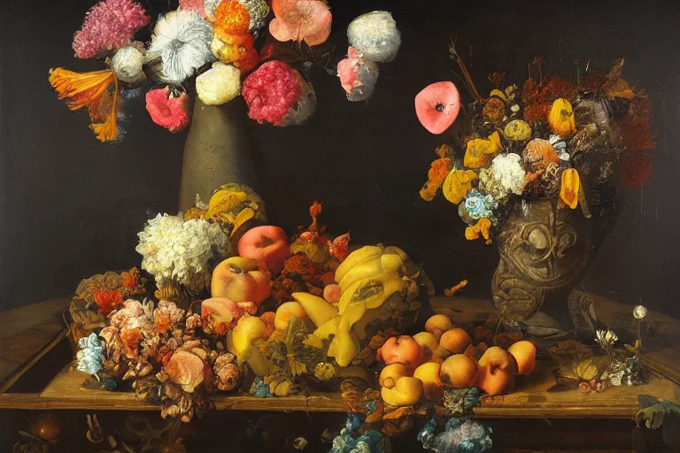 Prompt: underwater still life with flowers and fruit in the style of the dutch masters, dark and moody