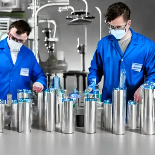 Prompt: two men in blue lab coats, pouring cannabis into metal tubes, cinematic, 4k, high detail