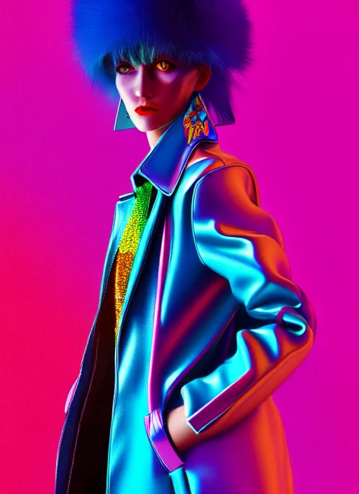 Image similar to stylish coat for a rave, bright colors, many details, prints, photo for a magazine, photo for a store, fashion photography, Vogue, 135 mm, cinematic, hyper realism, high detail, octane render, 8k, chrome accents, very coherent symmetrical artwork, perfect face model, full length photo, Upper and lower body, even skin tone