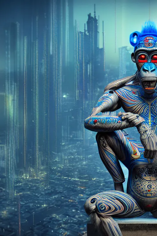 Image similar to high quality 3 d render stylized mischievous cyborg muscular man monkey blue hybrid sitting, madhubani, highly detailed, cyberpunk!! mumbai in the background, unreal engine cinematic smooth, szukalski, moody light, low angle, uhd 8 k, sharp focus