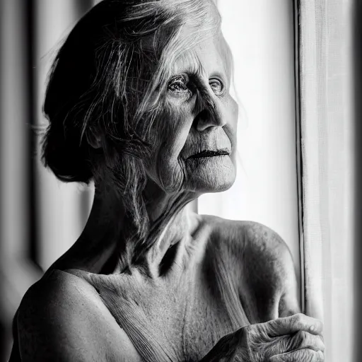 Image similar to black and white fashion photograph highly detailed portrait of a depressed beautiful mature model woman standing by the window, natural light, lomo, fashion photography, film grain, soft vignette, sigma 85mm f/1.4 1/10 sec shutter