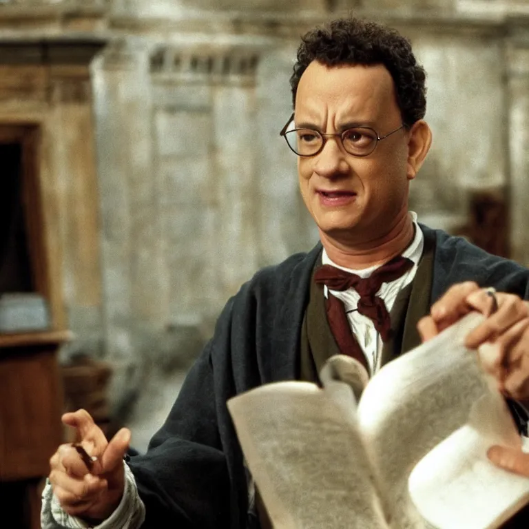 Prompt: Tom Hanks as a professor in Harry Potter, film still