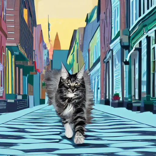 Prompt: a maine coon in maine walking down main street, 4 k, digital illustration,