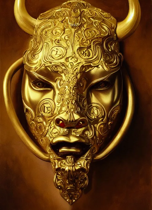 Image similar to highly detailed oil painting | very intricate | cinematic lighting | award - winning | the bull mask by alexander mcqueen, 9 0 mm | by roberto ferri, by leng jun, by j. c. leyendecker and klimt, american romanticism, by austin osman spare, artstation, cgsociety, official art, octane