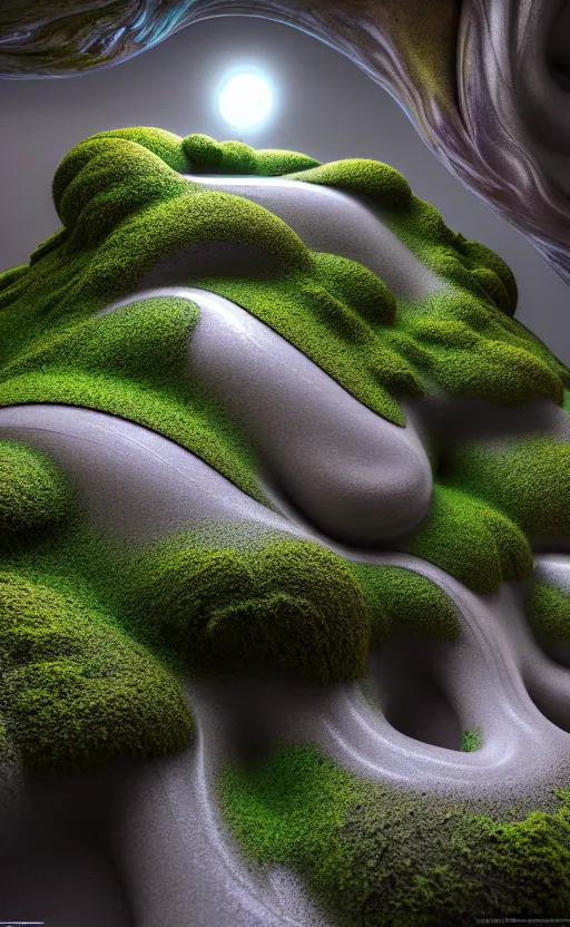 Image similar to highly detailed ultra sharp 3 d render cinematic composition of a smooth ceramic porcelain biomorphic magnolia stone nebula fluid fractal sci - fi surreal architecture landscape, granite, metallic, magnesium, marble, moss and lichen, vincent callebaut composition, mamou - mani, archviz, beautiful lighting, 8 k, unreal engine, hdr,