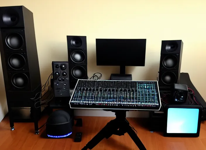 Image similar to moderator stance, sound filter, 6 monitors, pedals, drums, a gaming guitar, controller, 6 consoles, 1 0 computers, bunch of wires, soundpads, speakers, antena, satellite, dog, dog cam, cat cam, cat tree cat this