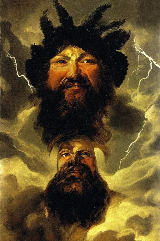 Image similar to goya oil painting thor god of thunder portrait, huge beard, winged helmet