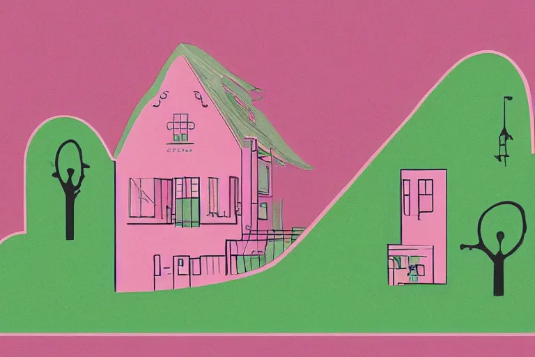 Prompt: a pink and green illustration of a cross section of a house, a storybook illustration by muti and tim biskup, featured on dribble, arts and crafts movement, behance hd, storybook illustration, dynamic composition