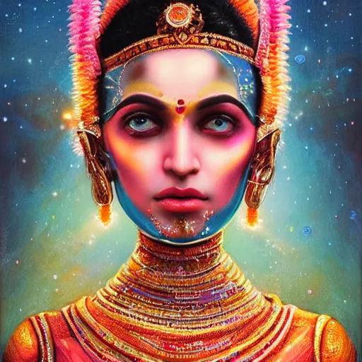 Prompt: a beautiful ultradetailed photo of a futuristic robot dressed as an indian classical dancer in colorful silk, by tom bagshaw and anna dittman, portrait, vignette, 3 5 mm lens, golden ratio composition, detailed face, studio lighting, very detailed, humanoids, industrial robots, artstation, 8 k, highly coherent