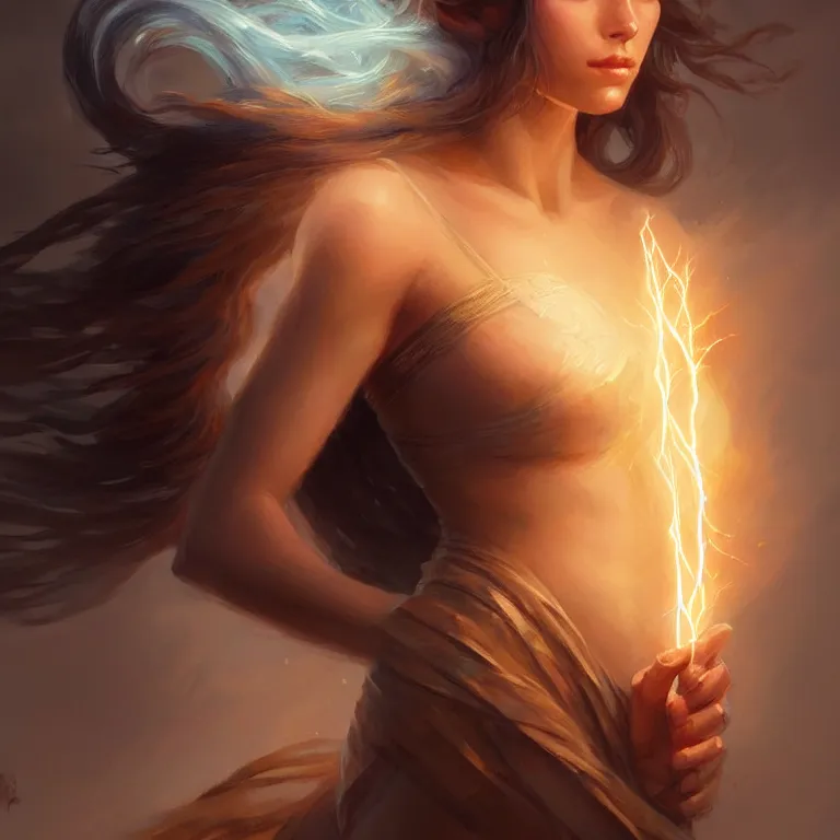 Image similar to portrait of a goddess of elemental lightning, half body, perfect face, d & d, fantasy, intricate, elegant, highly detailed, digital painting, artstation, concept art, smooth, sharp focus, illustration, art by artgerm and greg rutkowski and alphonse