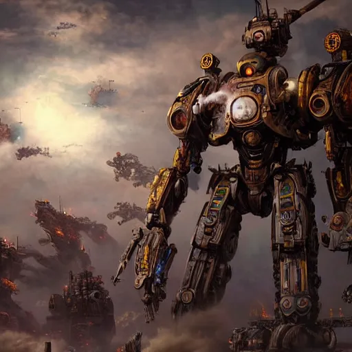 Image similar to pacific rim robots standing in a battlefield, steam punk, 70's sci-fi, extremely detailed digital painting, in the style of Fenghua Zhong and Ruan Jia and Jermy lipking and peter mohrbacher, mystic colors, highly detailed, deep aesthetic, 8k, highly ornate intricate details, cinematic lighting, rich colors, digital artwork, ray tracing, hyperrealistic, photorealistic, cinematic landscape, trending on artstation,