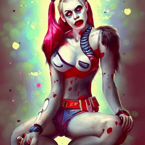 Image similar to Portrait of Harley Quinn but she's a beautiful ape-girl with long pony tails on either side of her head, illustration, by James Jean, artgerm, octane render, by John Coltrane and Marc Simonetti, Manic, graffiti background, kinemacolor, colorful, high detail of the face, full body