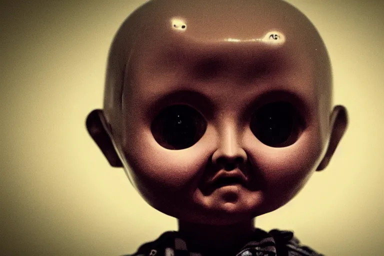 Image similar to a creepy doll with very human eyes staring out at the viewer, horror movie