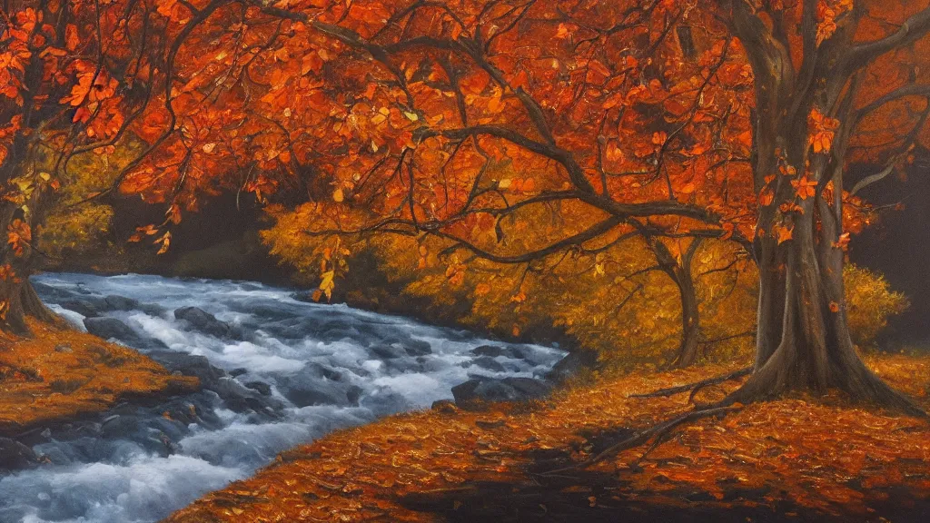 Image similar to A beautiful oil painting of a single tree, the tree is at the top of a hill, the tree is in the rule of thirds, the fall has arrived and the leafs started to become golden and red, the river is zigzagging and flowing its way, the river has lots of dark grey rocks, by Greg Rutkowski