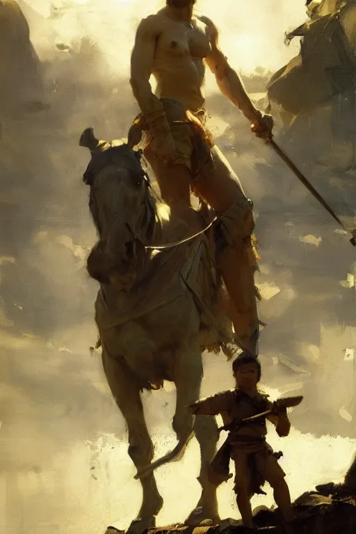 Image similar to portrait david and goliath by anders zorn, wonderful masterpiece by greg rutkowski, beautiful cinematic light, by greg manchess, jessica rossier