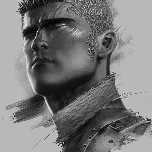 Image similar to photorealistic shockingly amazing portrait of guts from berserk extremely detailed, made by wlop and maxwell boas