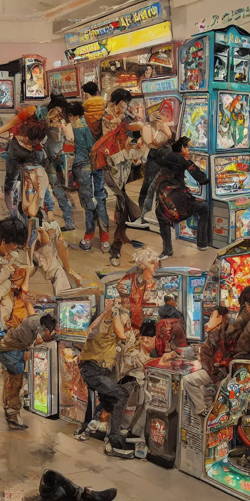 Image similar to oil painting scene from amusement arcade by kim jung gi