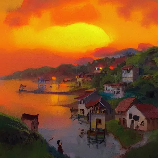 Image similar to sunset on a village by the sea, colorful, trending on artstation