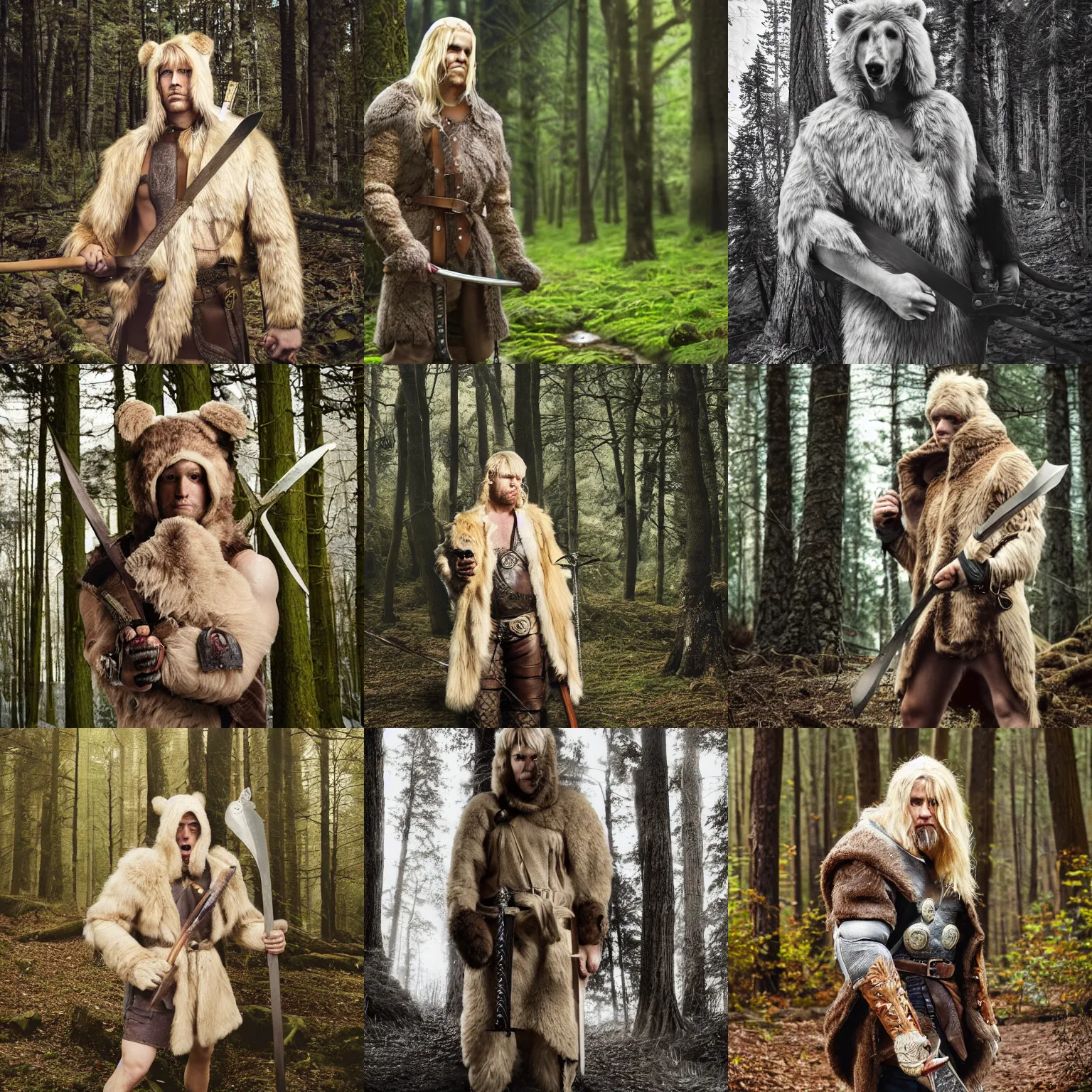 Prompt: a strong adult male blonde barbarian with a bear hood and coat holding a longsword in a forest, hyperrealistic photography, award wining, intricate details, photo