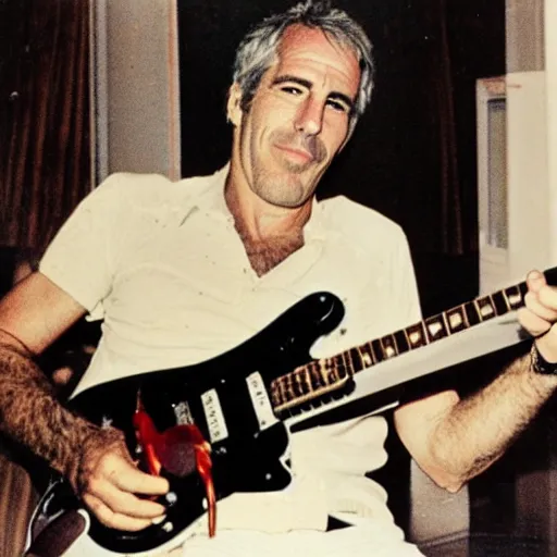 Prompt: photo of jeffrey epstein playing guitar, 1 9 8 0 s, wide angle,