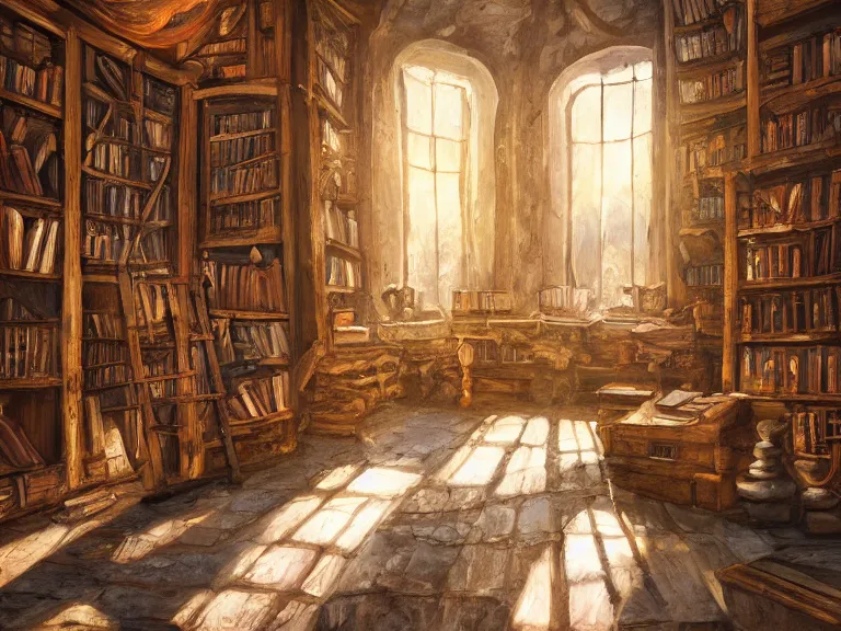 Prompt: expressive rustic oil painting, interior view of an ancient magical library, waxy candles, wood furnishings, potions, books, stairs, light bloom, dust, ambient occlusion, morning, rays of light coming through windows, dim lighting, brush strokes oil painting