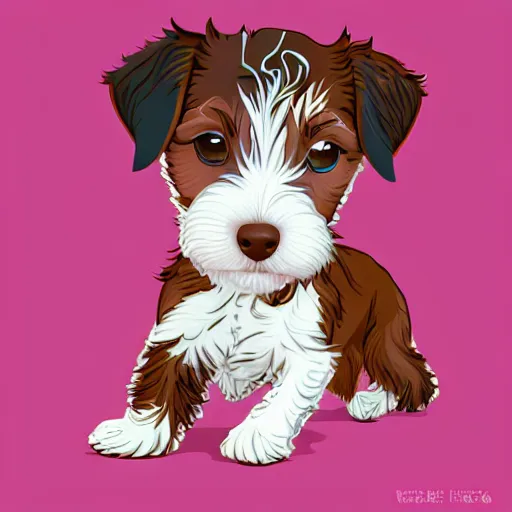 Prompt: cute little girl with short wavy curly brown hair blue eyes. wire haired jack russell terrier puppy, white with brown patches over both eyes. detailed. blue background. clean cel shaded vector art by lois van baarle, artgerm, helen huang, by makoto shinkai and ilya kuvshinov, rossdraws, illustration, art by ilya kuvshinov