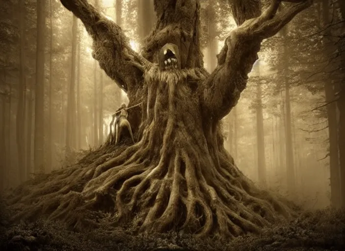 Image similar to an incredibly scary and very very unique creative monster of the forest, ancient folk legend, hyperrealistic concept art, sepia photography in the forest