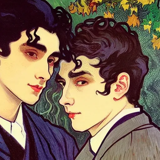 Image similar to painting of young cute handsome beautiful dark medium wavy hair man in his 2 0 s named shadow taehyung and cute handsome beautiful min - jun together at the graveyard party, ghostly, haunted graveyard, ghosts, autumn! colors, elegant, wearing suits!, clothes!, delicate facial features, art by alphonse mucha, vincent van gogh, egon schiele