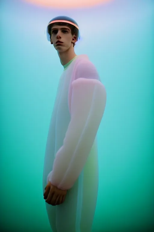 Image similar to high quality pastel coloured film mid angle portrait photograph of a beautiful young 2 0 year old male, soft features, short hair, perspex space visor and oversized inflated clothing!!!! icelandic black! rock pool environment. atmospheric three point light. photographic. art directed. ( pastel colours ). volumetric. clearcoat. waves. 8 k. filmic.