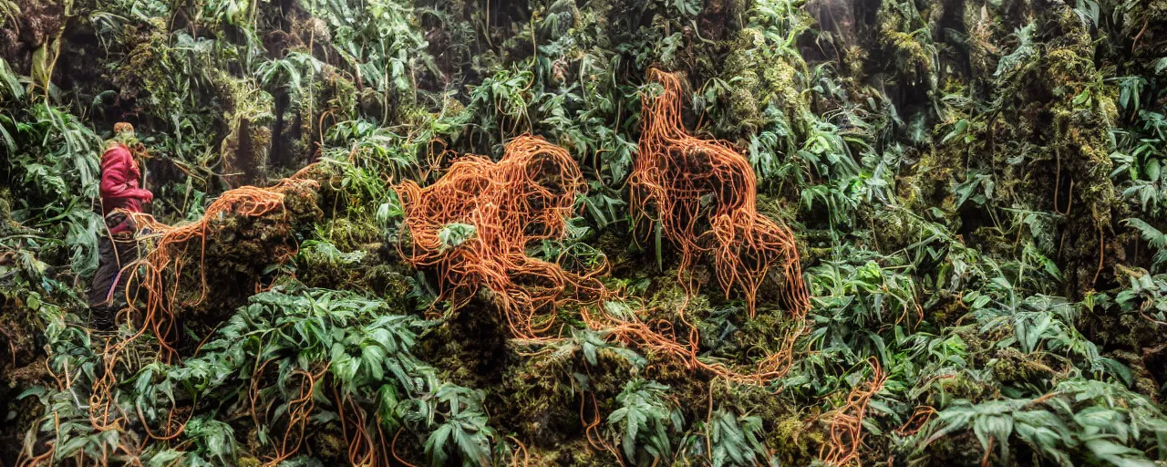 Image similar to taxidermized, the first humans discovering spaghetti on a mountain side, cloud forest, hyper - realistic, small details, intricate, sharply focused, 2 0 mm lens, wes anderson film, kodachrome