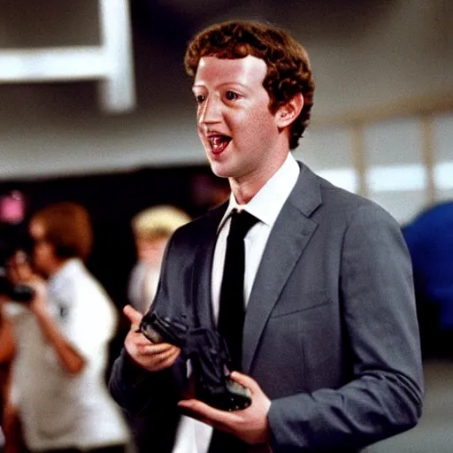Prompt: Mark Zuckerberg as an evil supervillian in a movie, 1980s