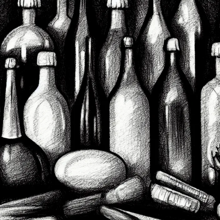 Prompt: extreme close - up on a table : poor quality bottles of different shapes and tones, fruits. background : black tiles on walls. black and white, pencil and ink. by gabriel hardman, joe alves, chris bonura. cinematic atmosphere, detailed and intricate, perfect anatomy