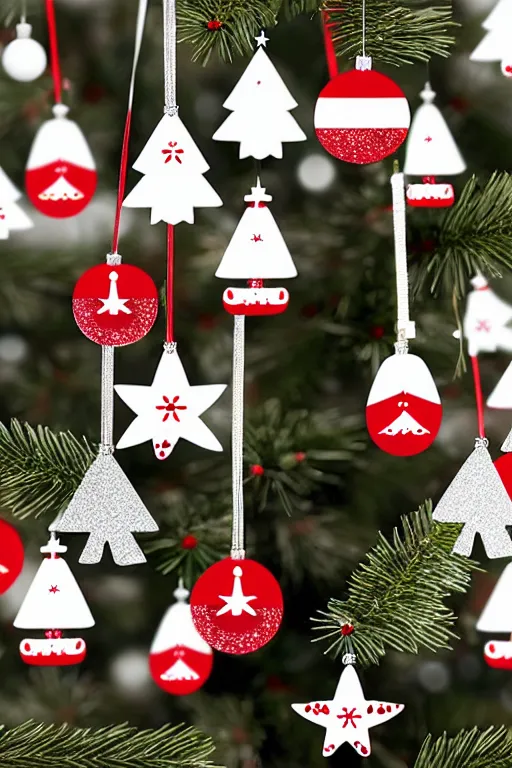 Image similar to flat sticker scandi christmas tree with kitsch glitzy baubles and stars and christmas robin bird decorations, silver pink white red mood, smooth sharp focus