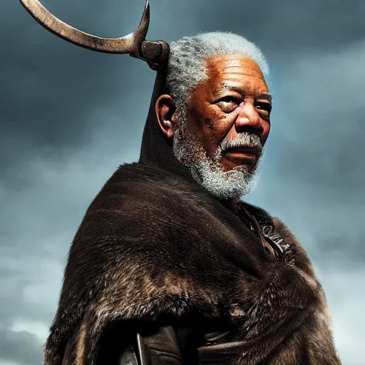 Image similar to profile photo of morgan freeman in a dark viking hood playing odin all father from the thor movie, highly detailed, cinematic shot, cinematic lighting, 8 k, exquisit facial detail