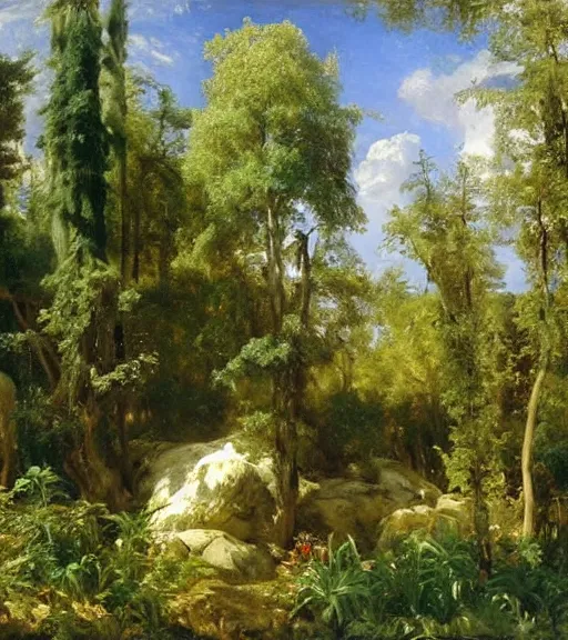 Image similar to artwork painting of a lush environment by eugene von guerard, ivan shishkin, john singer sargent