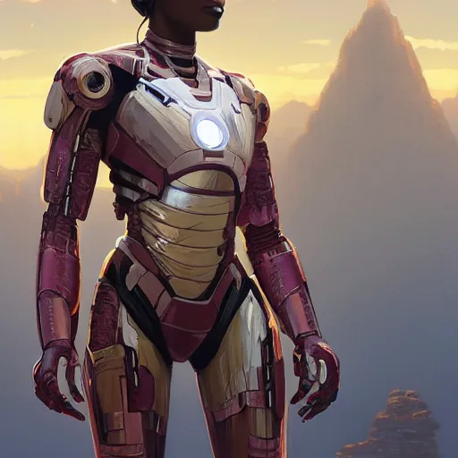 Image similar to highly detailed an african american woman in with the ironman suit from the future gta v, stephen bliss, unreal engine, fantasy art by greg rutkowski, loish, rhads, ferdinand knab, makoto shinkai and lois van baarle, ilya kuvshinov, rossdraws, tom bagshaw, global illumination, radiant light, detailed and intricate environment