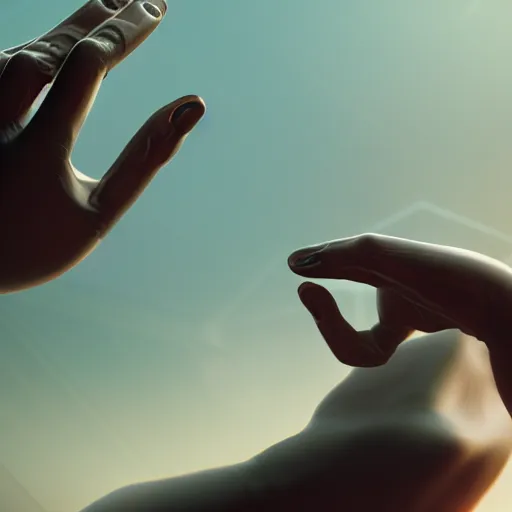 Prompt: two androids reaching out to touch one another's hands, beautiful digital artwork, artstation, trending on behance, octane, hi-resolution render