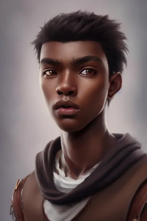 Image similar to young teenager boy with straight short brown hair, dark skin, big lips. highly detailed, d & d, fantasy, highly detailed, digital painting, trending on artstation, concept art, sharp focus, illustration, art by artgerm and greg rutkowski and fuji choko and viktoria gavrilenko and hoang lap