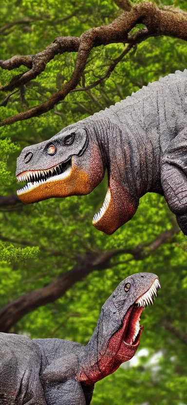 Image similar to “ a portrait photo of tyrannosaurus at a sakura tree, side shot, by shunji dodo, 8 k resolution, high quality ”