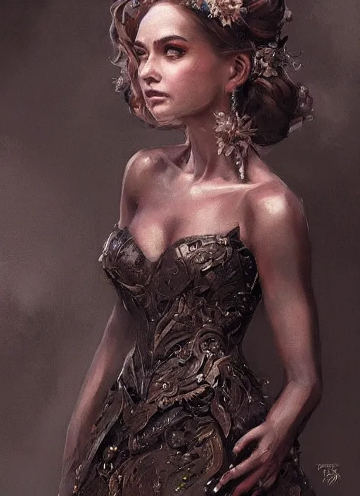 Prompt: a beautiful woman in an unusual ballgown. beautiful highly detailed face, looking directly at the viewer. painting by artgerm and greg rutkowski and magali villanueve.