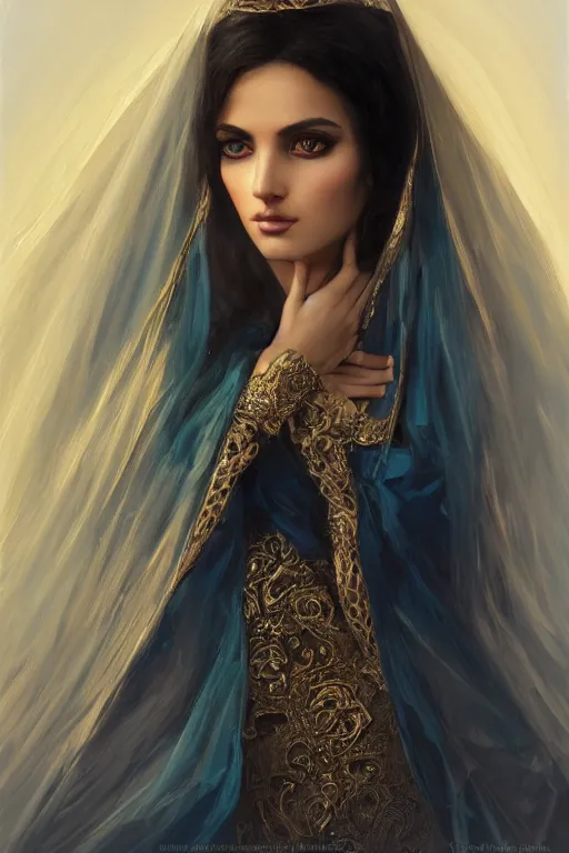 Prompt: modern tanned Ameera al-Taweel, bright blue eyes, wavy black hair, white veil, closeup, focus face, elegant, highly detailed, centered, oil painting, artstation, concept art by tom bagshaw