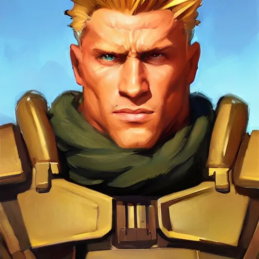 Prompt: greg manchess portrait painting of partially armored guile from street fighter as overwatch character, medium shot, asymmetrical, profile picture, organic painting, sunny day, matte painting, bold shapes, hard edges, street art, trending on artstation, by huang guangjian and gil elvgren and ross tran