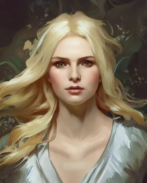 Image similar to '' Portrait of Beautiful blonde Slavic woman in her early 30’s, league of legends, LOL, fantasy, d&d, digital painting, artstation, concept art, sharp focus, illustration, art by greg rutkowski and alphonse mucha ''