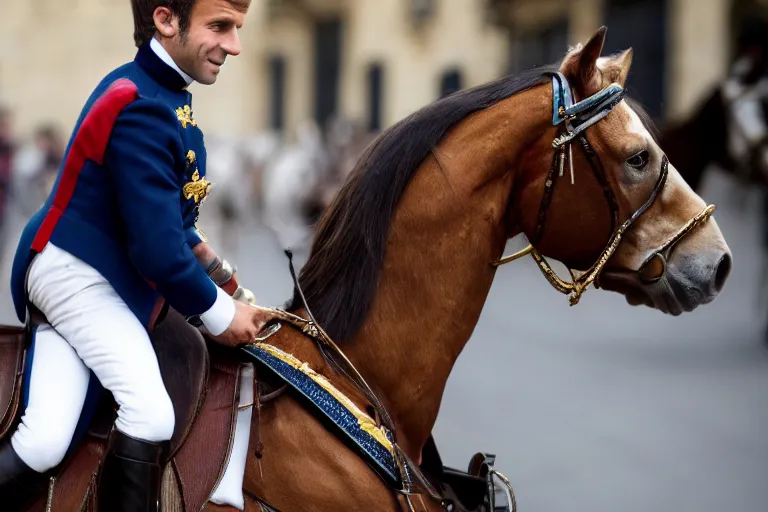 Prompt: closeup portrait of emmanuel macron dressed as napoleon riding a tiny horse in a paris street, natural light, sharp, detailed face, magazine, press, photo, steve mccurry, david lazar, canon, nikon, focus